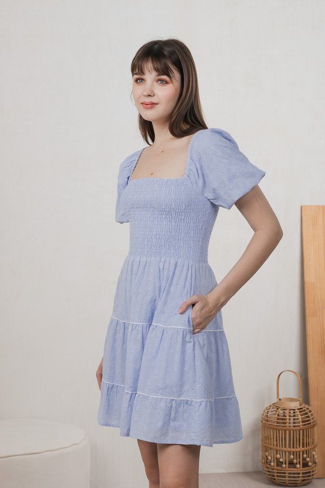Jozette Smocked Eyelet Tiered Dress In Powder Blue