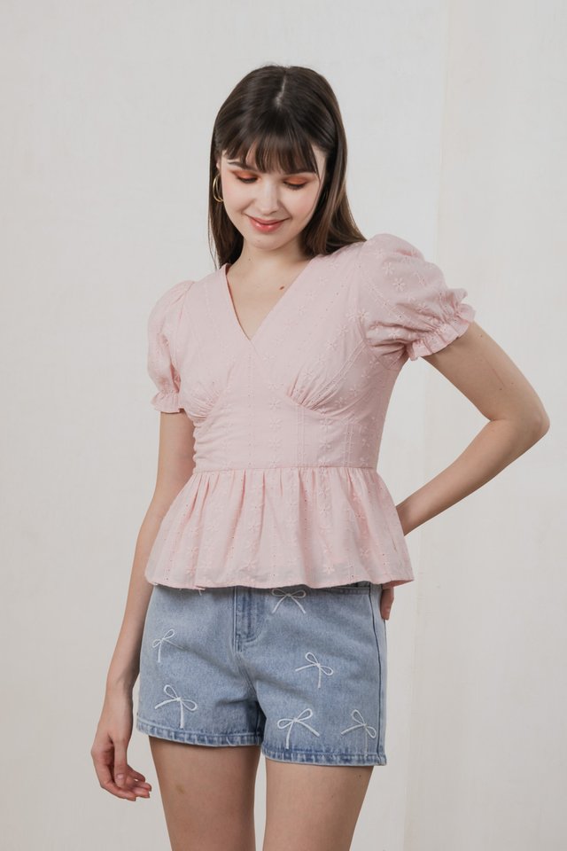 Everest Eyelet Broderie Empire Top In Pink