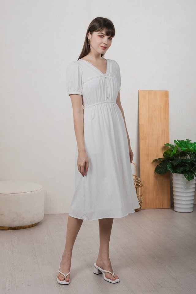 Loveday Lace Button Midi Dress In White