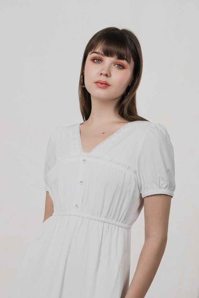 Loveday Lace Button Midi Dress In White