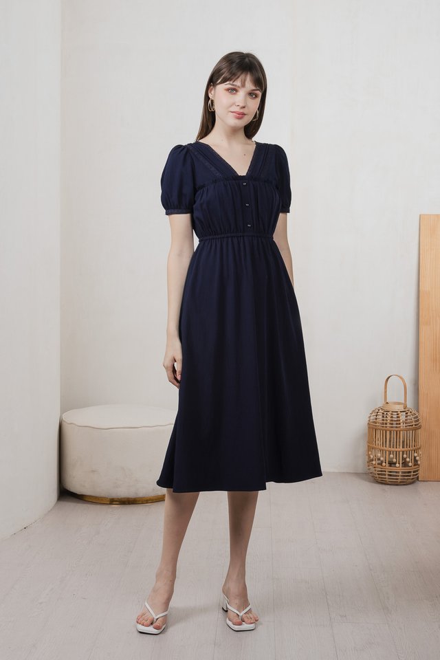 Loveday Lace Button Midi Dress In Navy