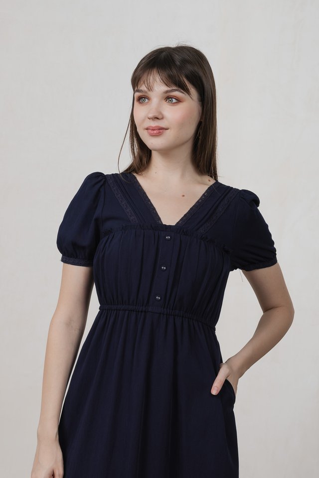 Loveday Lace Button Midi Dress In Navy