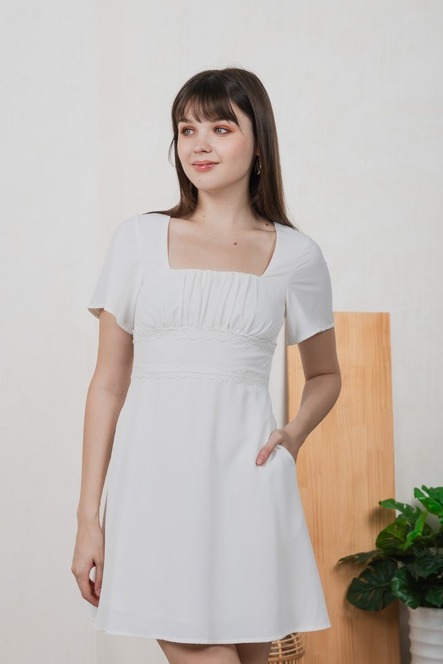 Calantha Ruched Crochet Dress In White