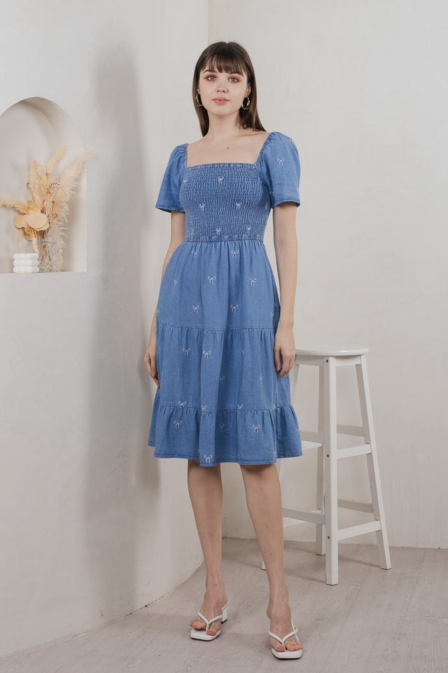 Radiant Smocked Ribbon Denim Midi Dress In Light Wash
