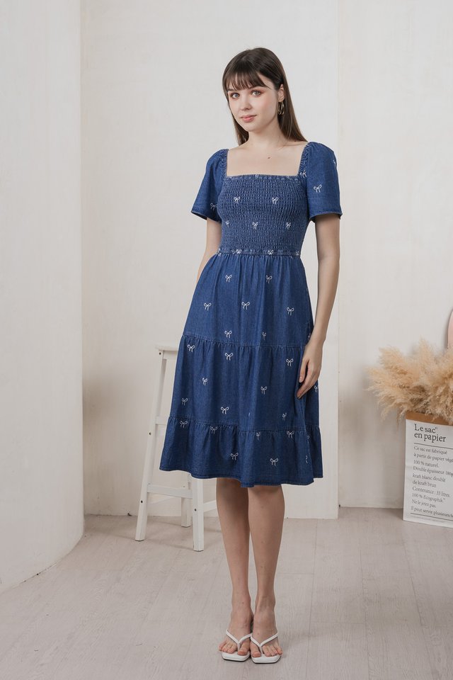 Radiant Smocked Ribbon Denim Midi Dress In Dark Wash