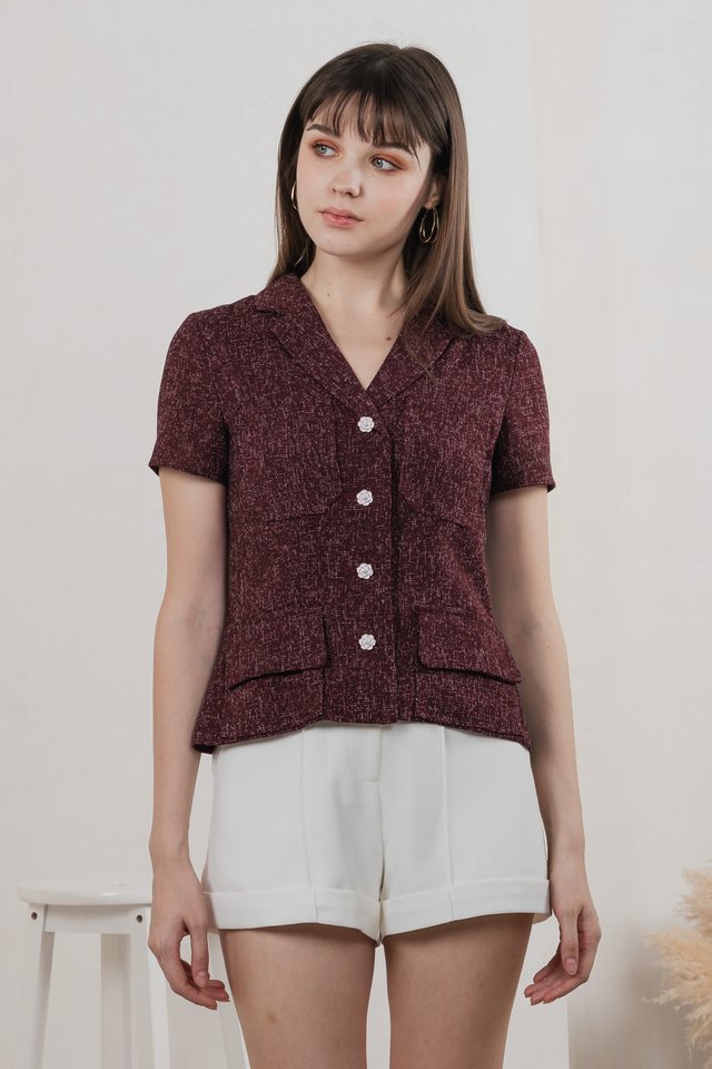Centia Tweed Blazer Top In Wine