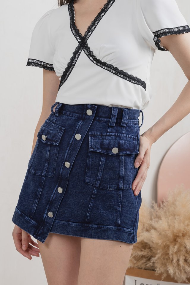 Vega Slant Button Denim Skort in Dark Wash