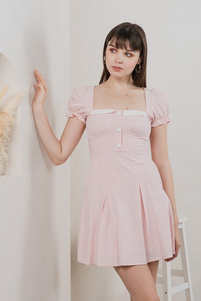 Ari Button Pleated Dress In Pink