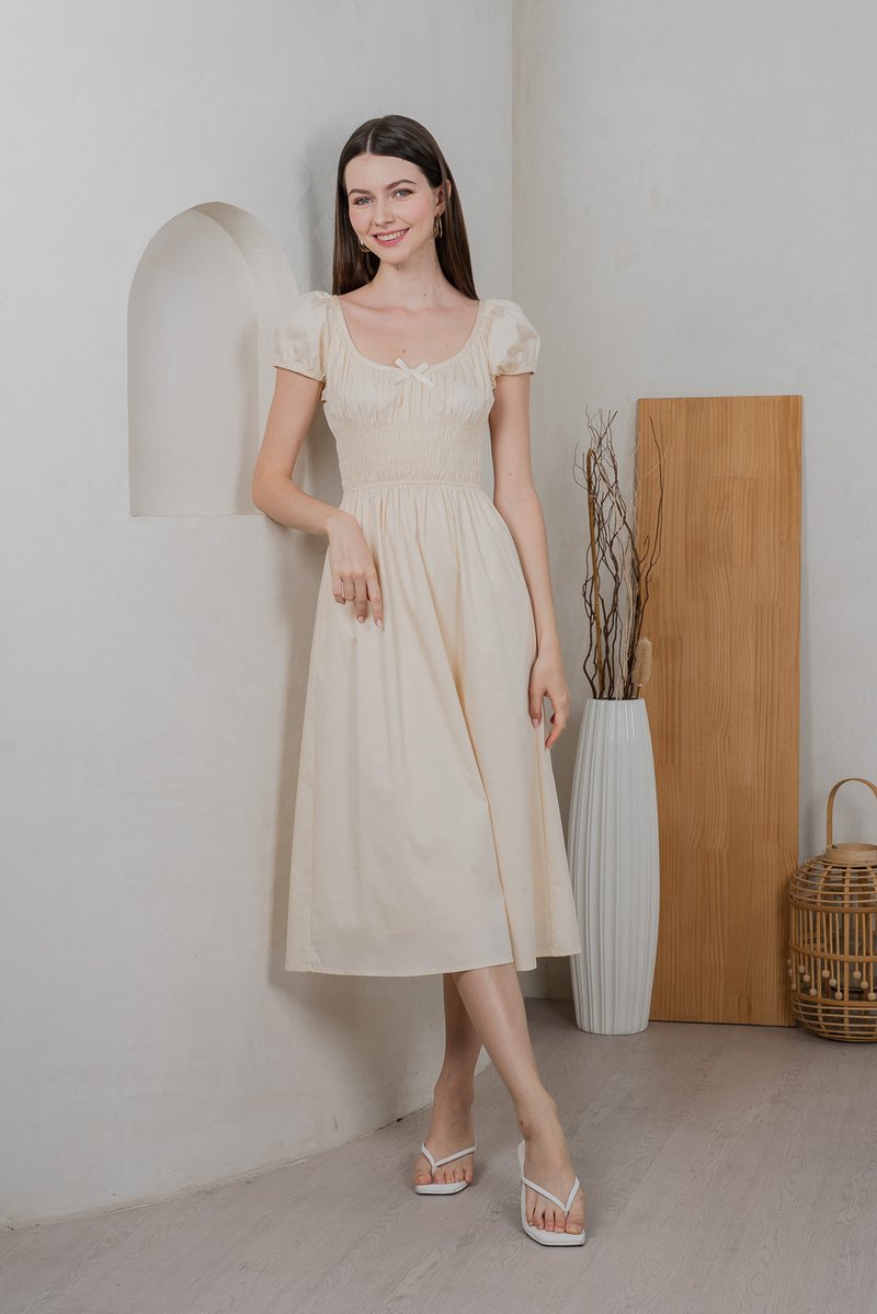 Sunny Smocked Bow Midi Dress In Cream