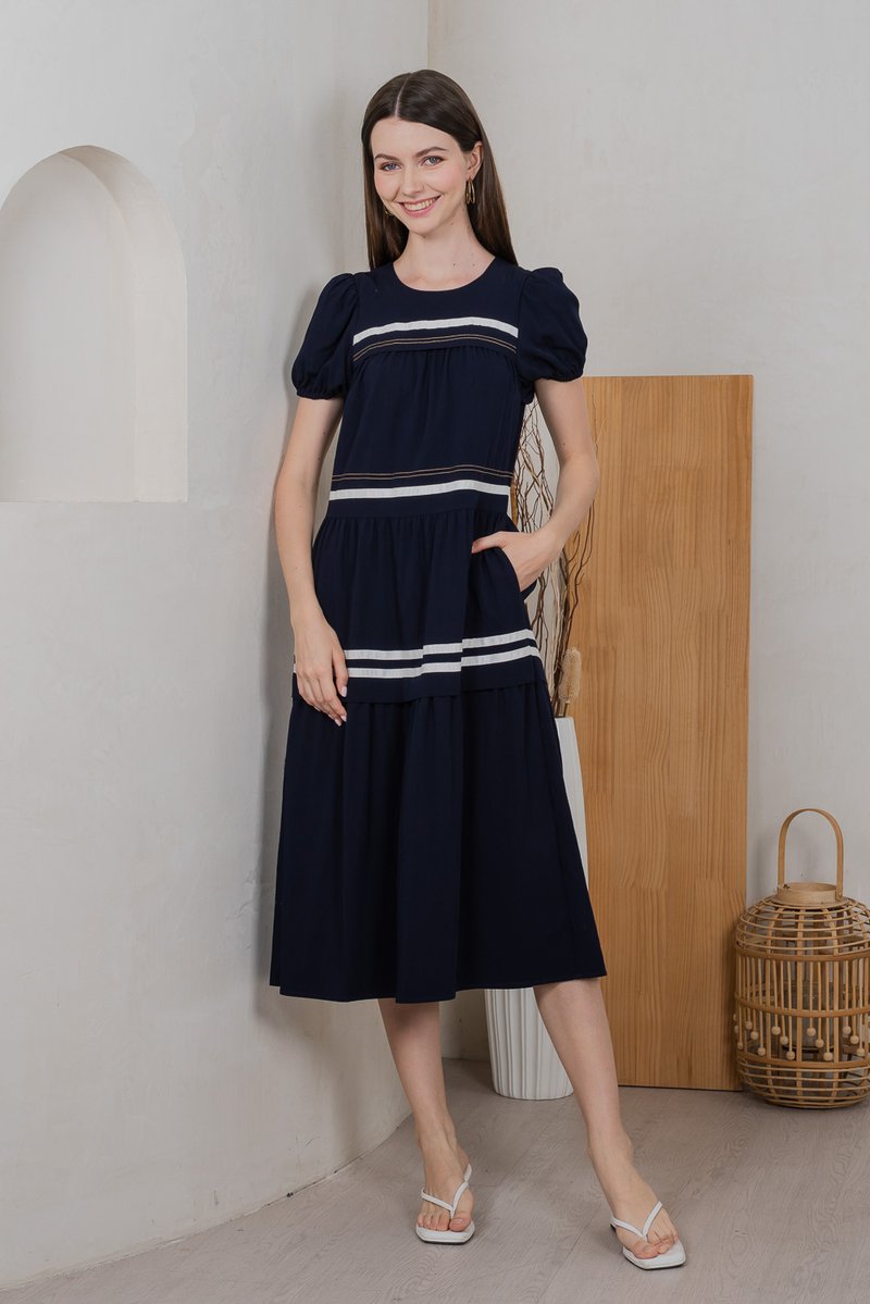 Maurice Contrast Tiered Midi Dress In Navy