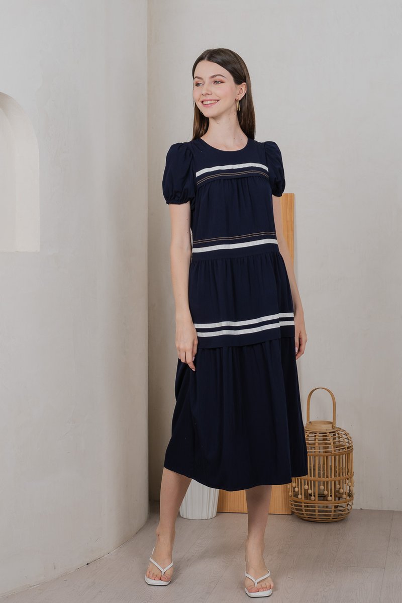 Maurice Contrast Tiered Midi Dress In Navy