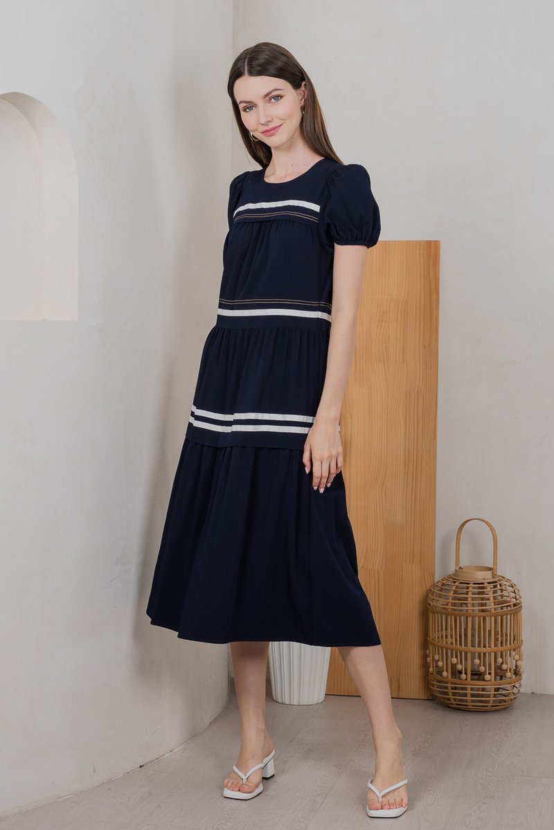 Maurice Contrast Tiered Midi Dress In Navy