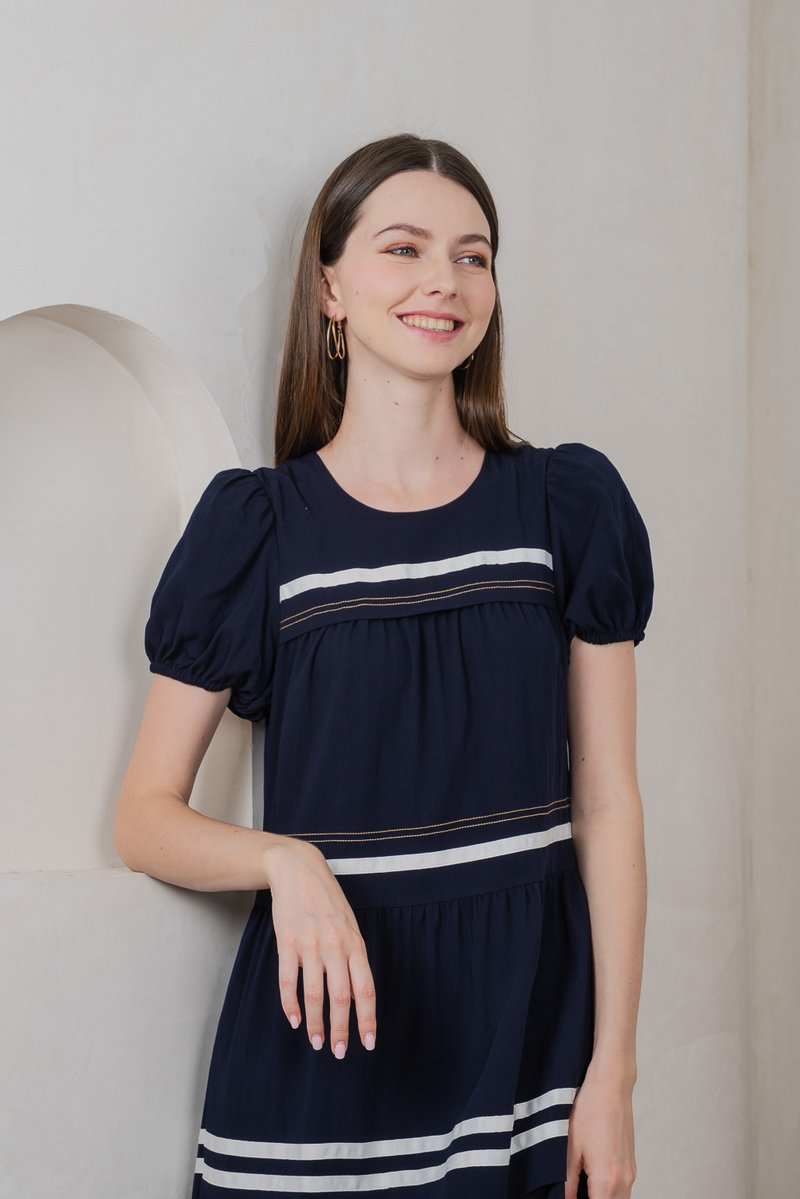 Maurice Contrast Tiered Midi Dress In Navy