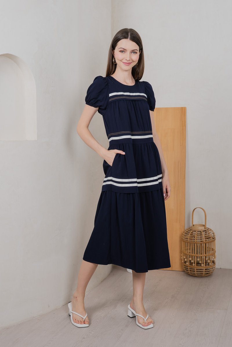 Maurice Contrast Tiered Midi Dress In Navy