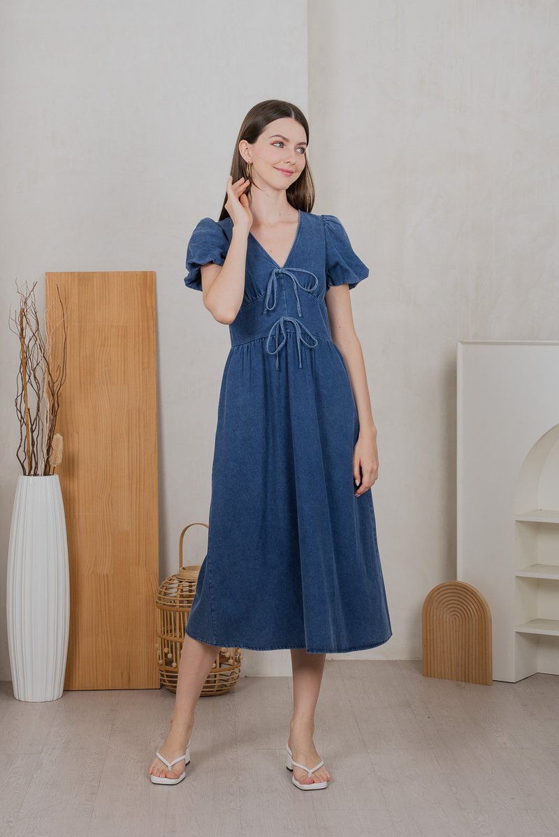 Embrace Denim Ribbon Midi Dress in Mid Wash