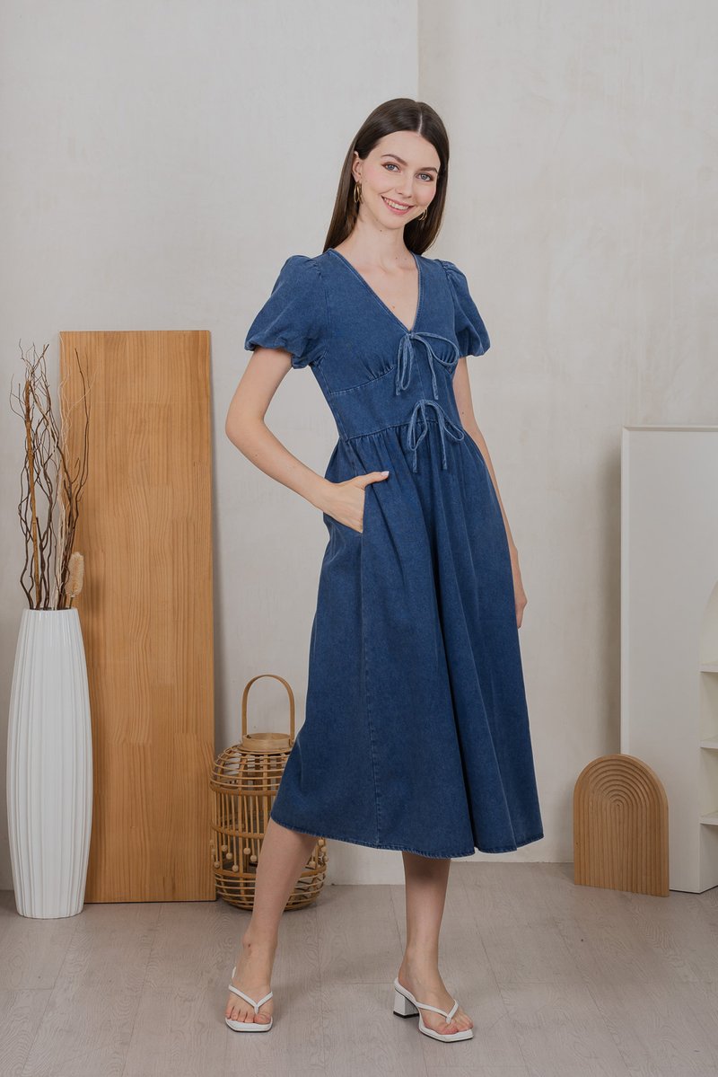 Embrace Denim Ribbon Midi Dress in Mid Wash