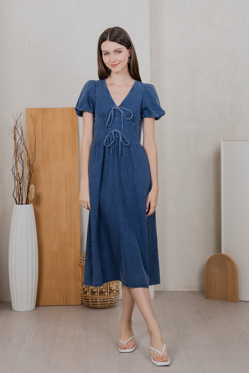 Embrace Denim Ribbon Midi Dress in Mid Wash