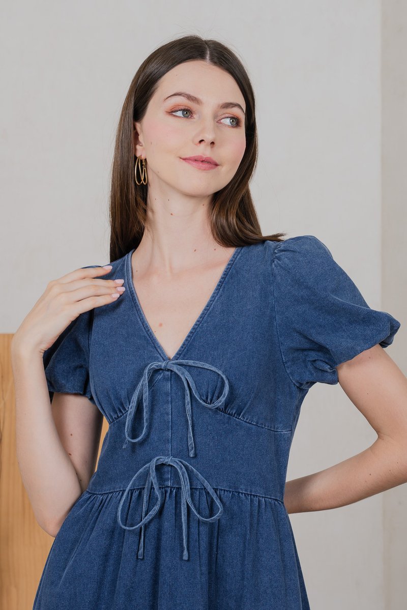Embrace Denim Ribbon Midi Dress in Mid Wash