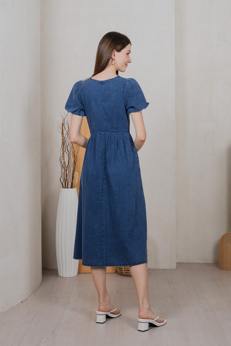 Embrace Denim Ribbon Midi Dress in Mid Wash