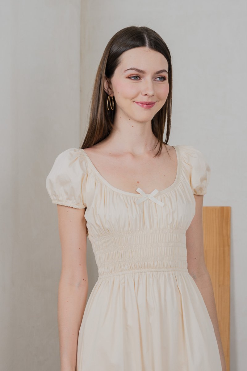Sunny Smocked Bow Midi Dress In Cream