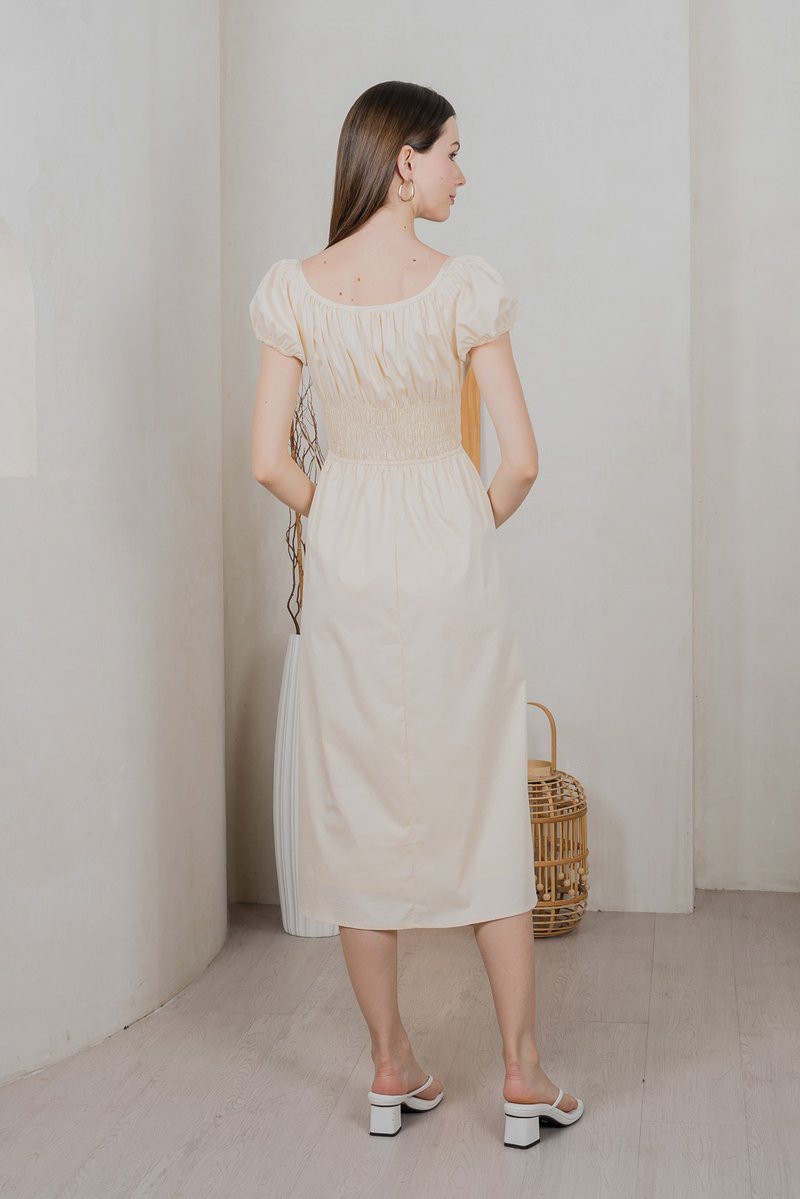 Sunny Smocked Bow Midi Dress In Cream