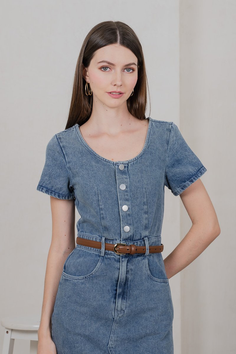 Brighton Denim Button Midi Dress in Mid Wash (XS)