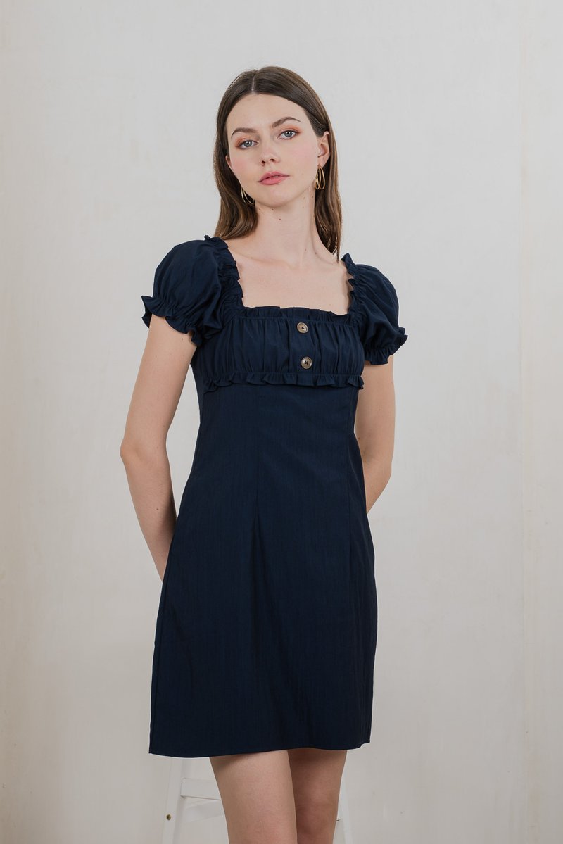 Rainelle Ruched Button Dress In Navy