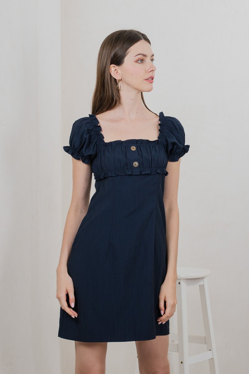 Rainelle Ruched Button Dress In Navy