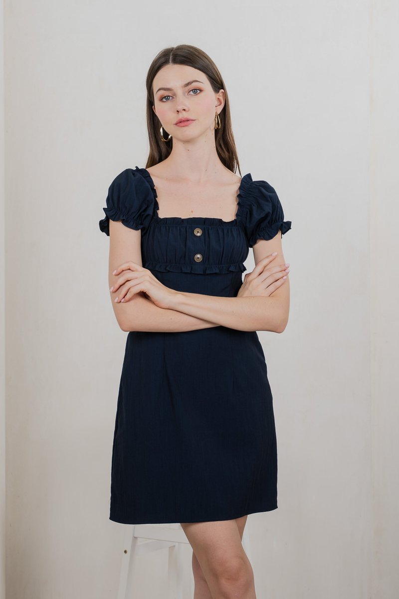 Rainelle Ruched Button Dress In Navy