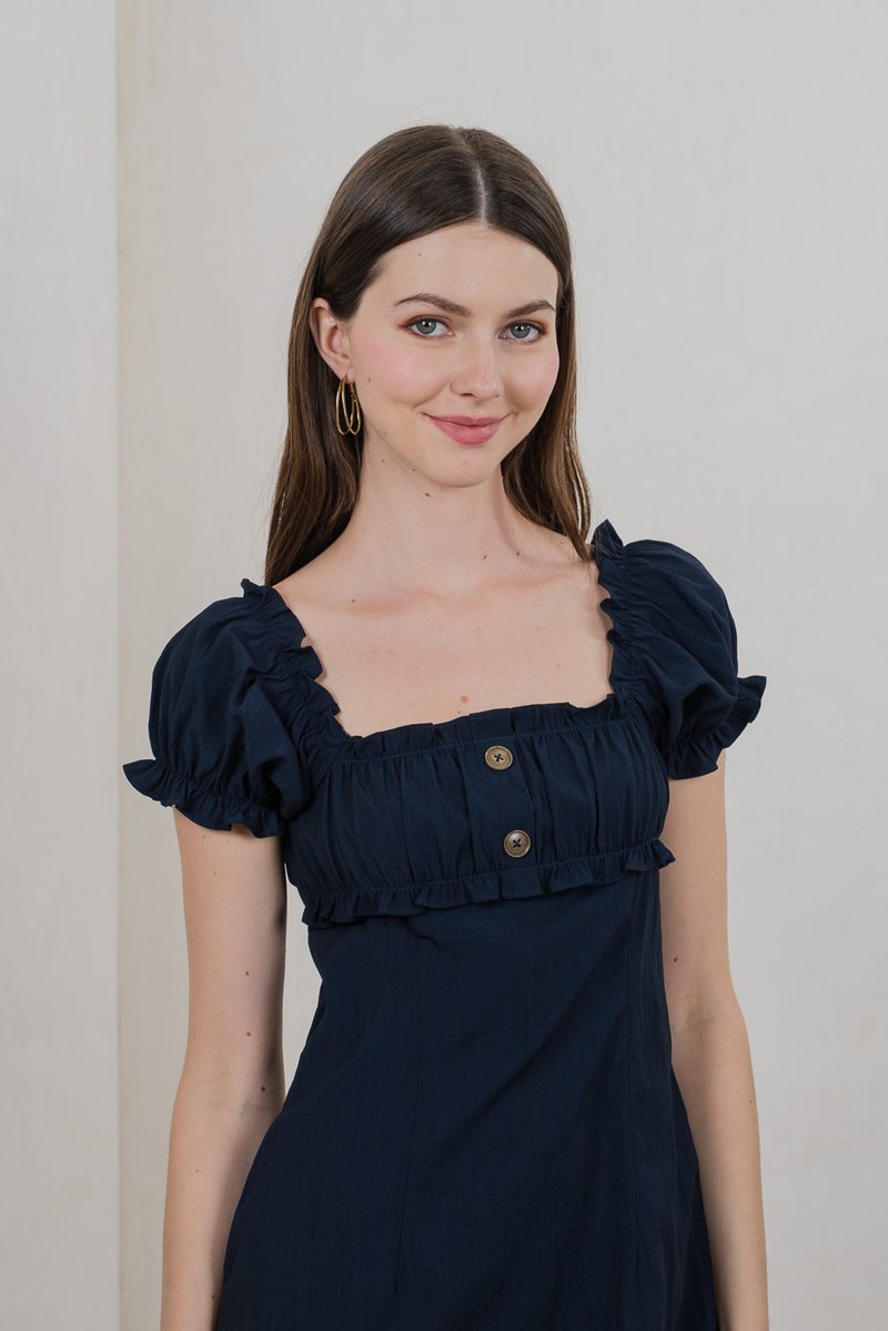 Rainelle Ruched Button Dress In Navy