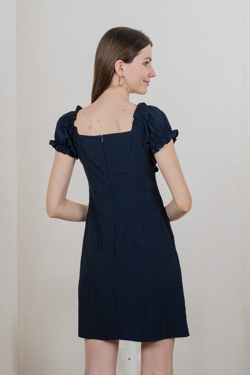 Rainelle Ruched Button Dress In Navy