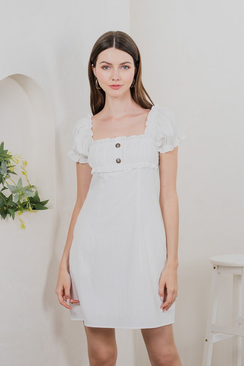 Rainelle Ruched Button Dress In White