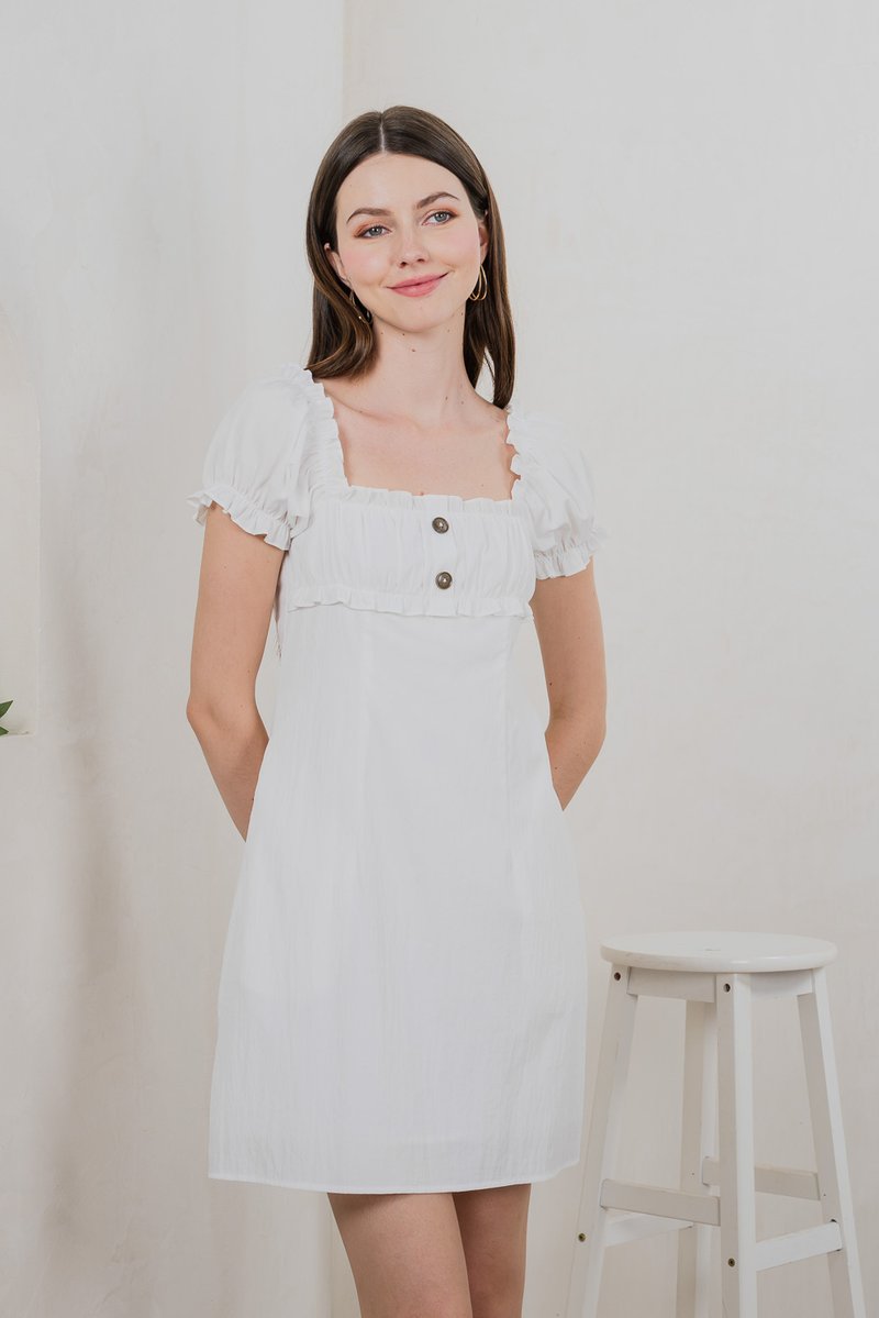Rainelle Ruched Button Dress In White