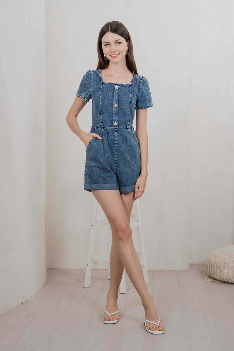 Clee Clover Button Denim Romper (XS)