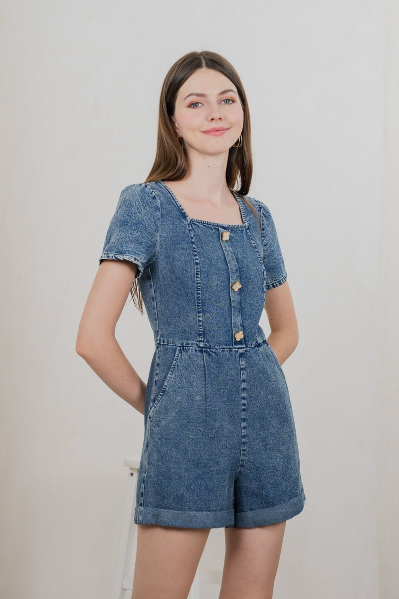 Clee Clover Button Denim Romper (XS)