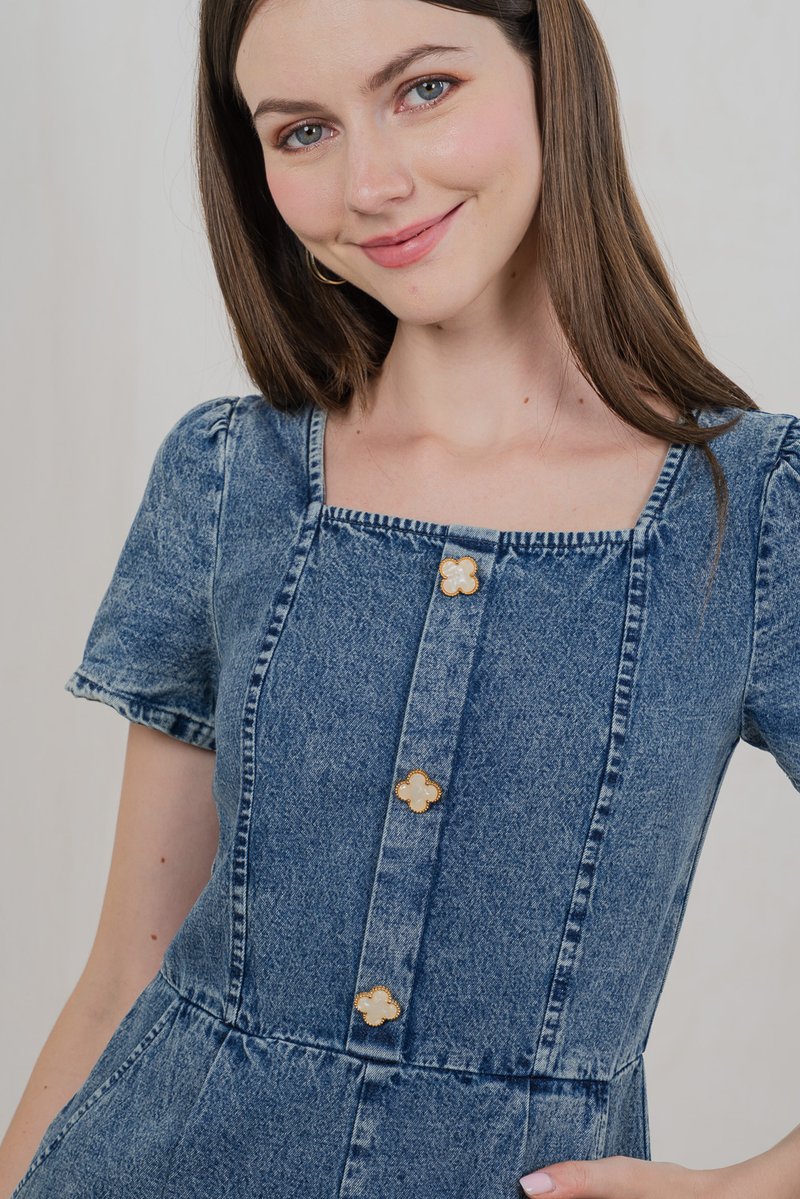 Clee Clover Button Denim Romper (XS)