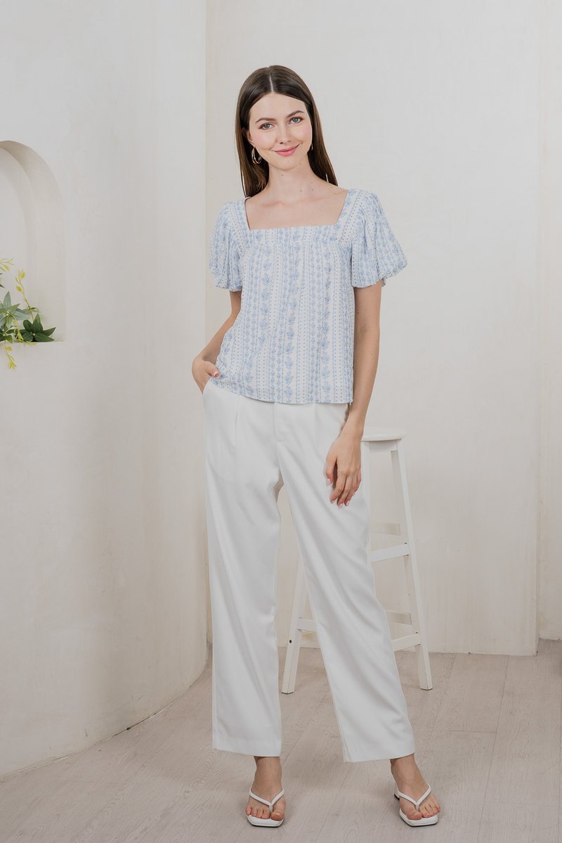 Rome Floral Prints Textured Top In Light Blue (XS)
