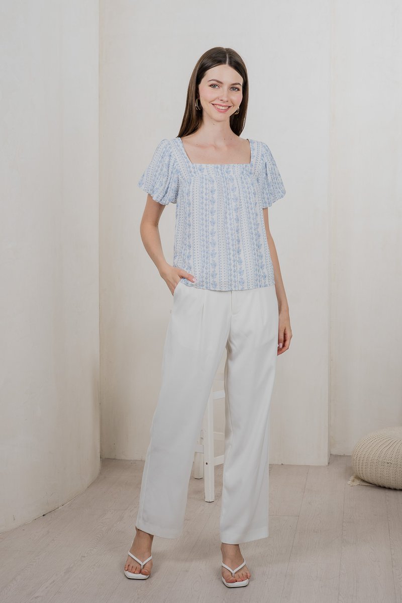 Rome Floral Prints Textured Top In Light Blue (XS)