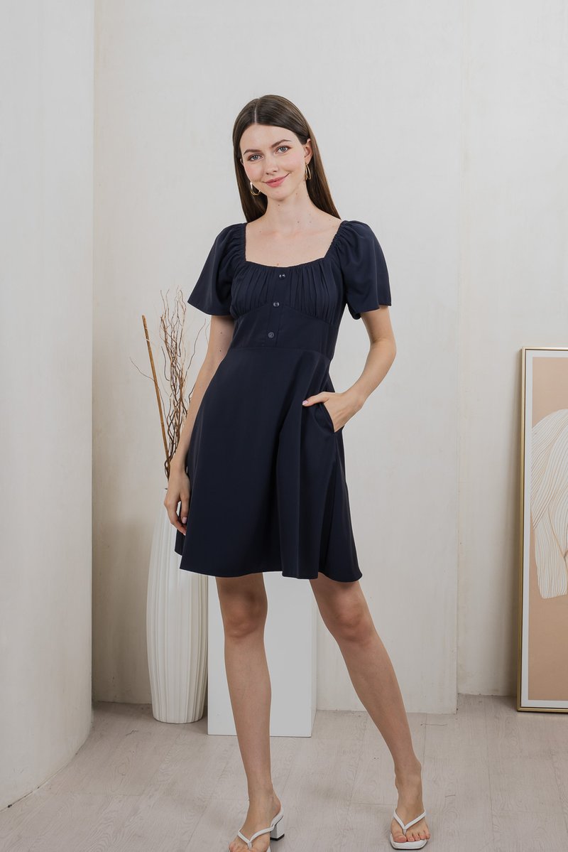 Aunika Ruched Empire Dress In Navy