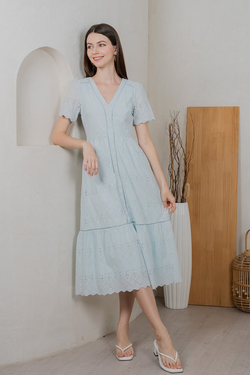 Lindsay Eyelet V Neck Midi Dress In Tiffany Blue (XS)