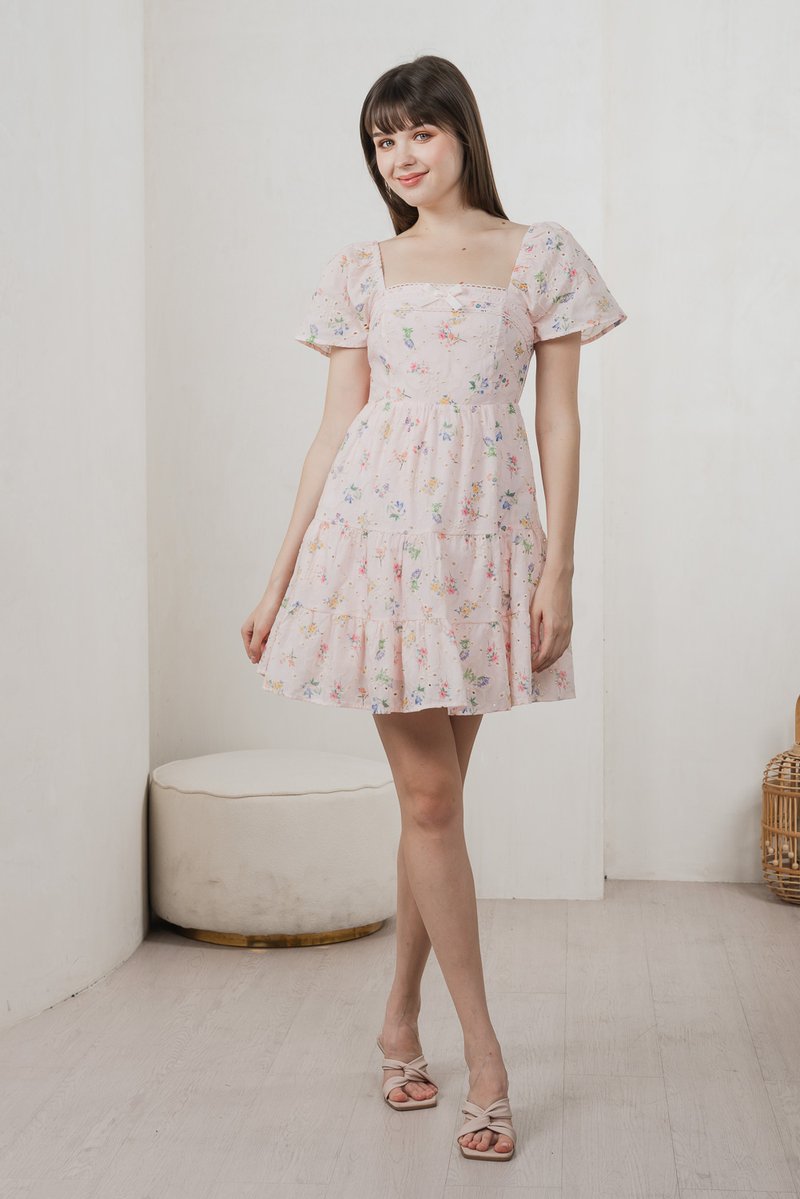 Julie Floral Eyelet Ribbon Dress In Pink (XS)