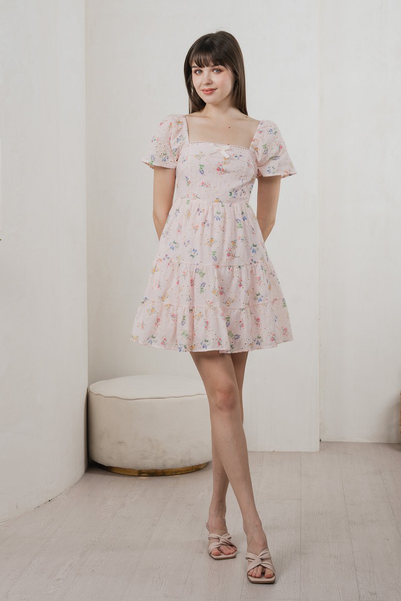 Julie Floral Eyelet Ribbon Dress In Pink (XS)