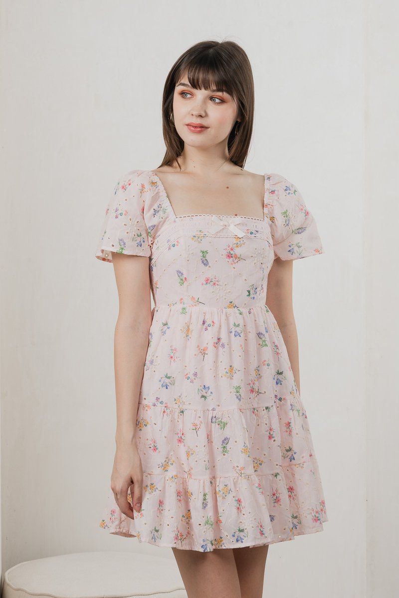 Julie Floral Eyelet Ribbon Dress In Pink (XS)