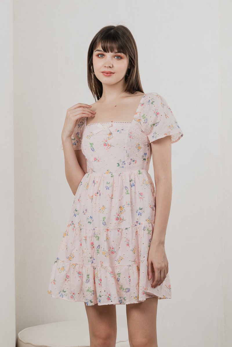 Julie Floral Eyelet Ribbon Dress In Pink (XS)