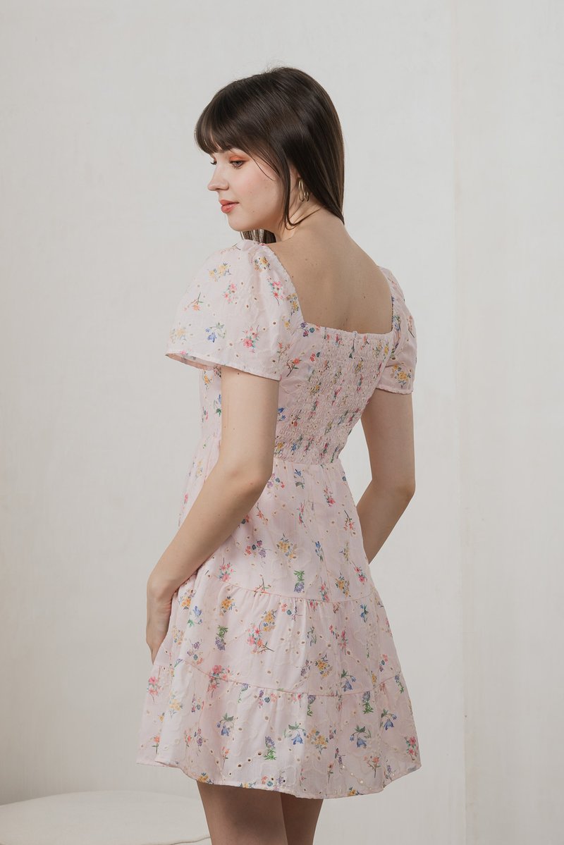Julie Floral Eyelet Ribbon Dress In Pink (XS)