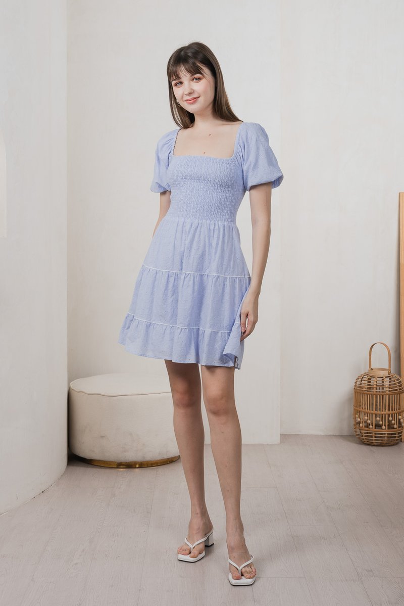 Jozette Smocked Eyelet Tiered Dress In Powder Blue (XS)