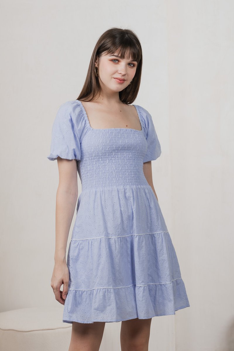 Jozette Smocked Eyelet Tiered Dress In Powder Blue (XS)