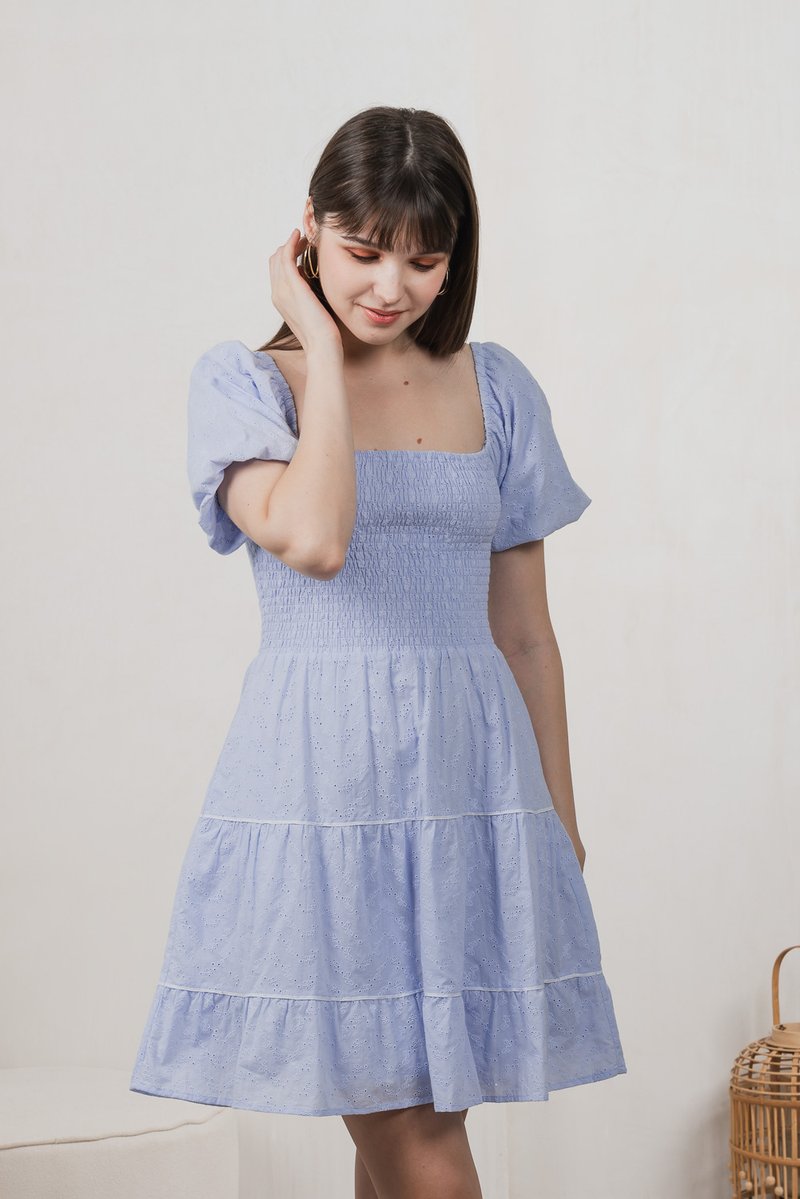 Jozette Smocked Eyelet Tiered Dress In Powder Blue (XS)