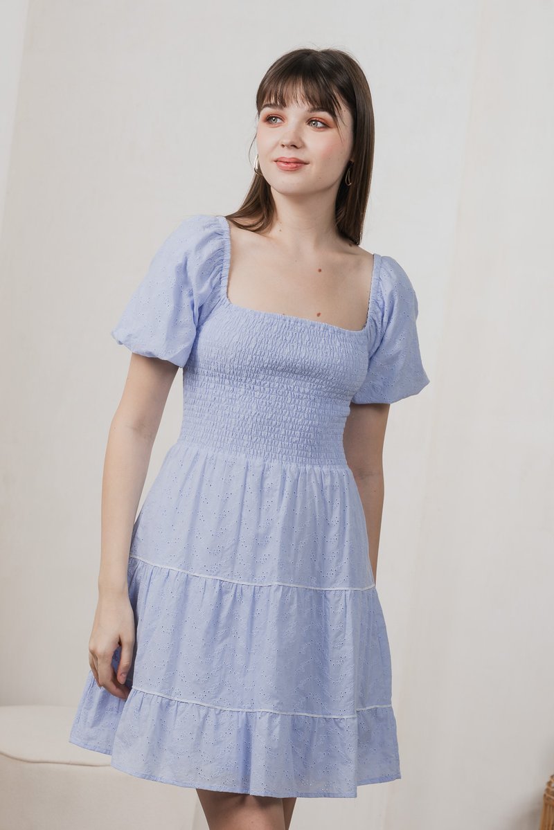 Jozette Smocked Eyelet Tiered Dress In Powder Blue (XS)