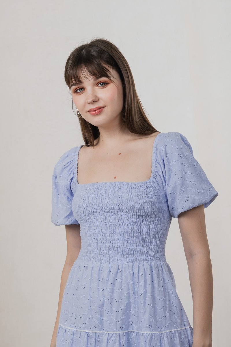 Jozette Smocked Eyelet Tiered Dress In Powder Blue (XS)